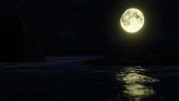 a lua cheia à noite estava cheia de estrelas e uma névoa fraca. uma ponte de madeira estendida no mar. imagem de fantasia à noite, super lua, onda de água do mar. renderização em 3D video