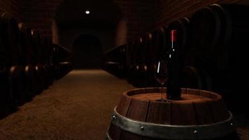garrafa de vinho tinto e vidro transparente com vinho tinto colocado em um tanque de fermentação de vinho com muitos tanques de fermentação de vinho colocados perto da parede de tijolos vermelhos. renderização em 3D video