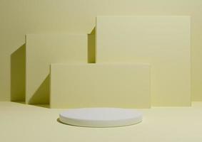 Pastel, light, citrus yellow, 3D render of a simple, minimal product display composition backdrop with one podium or stand and geometric square shapes in the background. photo