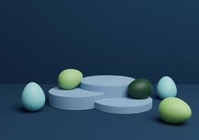Dark, aqua blue 3D rendering of Easter themed product display podium or stand composition with colorful eggs minimal, simple for multiple products photo