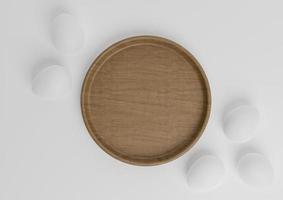 White, light gray, black and white 3D rendering top view flat lay product display podium or stand with colorful Easter eggs and wooden dish minimal and simple photo