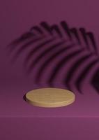 Dark magenta, purple 3D rendering simple, minimal wooden product podium background with palm leaf shadow for nature products on cylinder stand photo