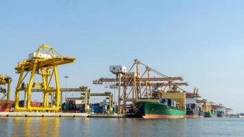 Container loading in a Cargo freight ship with industrial crane. Container ship in import and export business logistic company. Industry and Transportation concept. photo