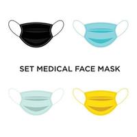 Medical or Surgical Face Mask black, white, yellow, light blue, aqua, turquoise. Virus protection, health care. Breathing Breathing Mask. Set of vector illustrations. flat media