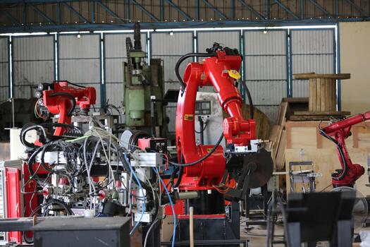 Robotics arm in the metal factory plant . it's performing routine servicing of the welding robotics units equipment. photo