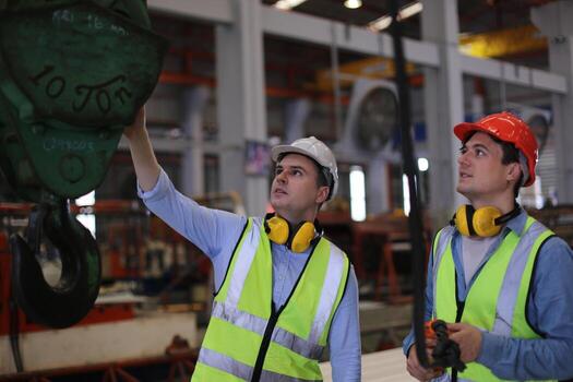 Men industrial engineer wearing a safety helmet while standing in a heavy industrial factory. The Maintenance looking of working at industrial machinery and check security system setup in factory. photo