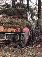 Old abandoned and rusty car in a forest covered by moss