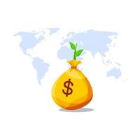 bolsa de dólar con planta que crece en el fondo del mapa mundial. creciente concepto de inversión. vector