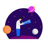 scientist Man Watching Night Starry Sky through Telescope. Astronomy. stars and planets vector