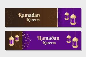 Islamic holy month of fasting, Ramadan kareem web banner design with golden lanterns on purple and brown background. vector