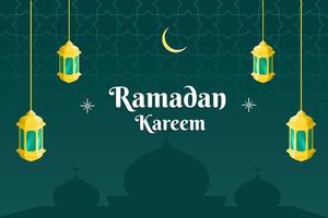 Ramadhan kareem banner design. with golden laterns, mosque, and green background vector