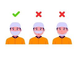 Cómo usar una máscara correctamente. instrucciones con un musulmán e instrucciones sobre la forma incorrecta y correcta de usar una máscara facial, vista frontal. ilustración vectorial vector