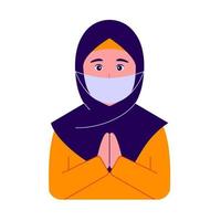 cute muslim women with hijab wearing mask to prevent disease, flu, air pollution, contaminated air, coronavirus. Vector illustration