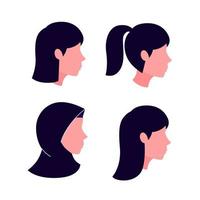 kinds of hairstyles and hijab for women. long hair, short hair, ponytail, and a head scarf. icons vector illustration