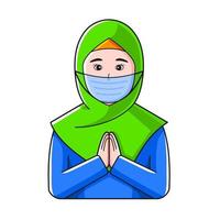 cute muslim women with hijab wearing mask to prevent disease, flu, air pollution, contaminated air, coronavirus. Vector illustration