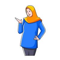 Muslim women wearing trendy clothes and hijab. presentation pose. Flat cartoon vector illustration