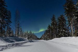 hermosa luz del norte, también conocida como aurora boreal y paisaje invernal iluminado por la luna en finlandia foto