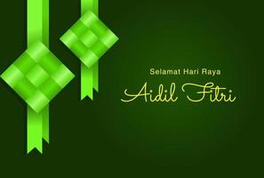 Selamat Hari Raya Aidilfitri greeting card. Vector ketupat with green background. translation Fasting Day of Celebration