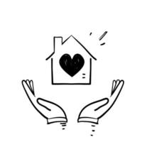 dibujado a mano doodle mano sosteniendo casa con icono de ilustración de amor aislado vector