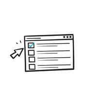 cuestionario de encuesta de prueba en línea de garabato dibujado a mano y vector de ilustración de lista de verificación en blanco aislado