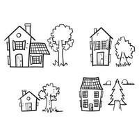 hand drawn doodle house and tree collection illustration isolated vector