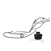 hand drawn doodle quill and inkwell illustration icon isolated vector