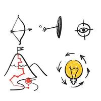 conjunto de garabatos dibujados a mano de un símbolo de estrategia empresarial para el enfoque personal, el pensamiento creativo, la lluvia de ideas, la ambición, el vector de ilustración de objetivos