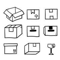 hand drawn shipping box icon illustration set in doodle vector