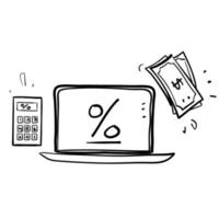 dibujado a mano doodle crédito digital en línea con vector de ilustración de icono de porcentaje de interés