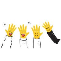 hand drawn doodle raised audience hand with smile face in the palm illustration vector