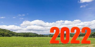 Number 2022 on green grass with blue sky background photo