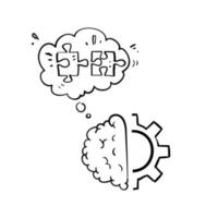 hand drawn doodle brain gear and puzzle symbol for solving problem illustration vector