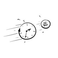 reloj de garabato dibujado a mano y concepto de dinero para el tiempo es vector de ilustración de dinero aislado
