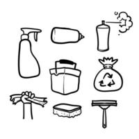 productos de limpieza dibujados a mano e ilustración de equipos en vector de estilo doodle aislado