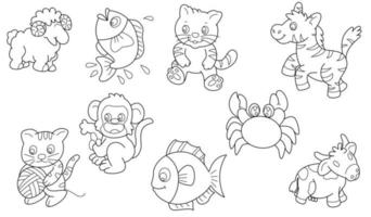 Cute design animal outline vector set 35 , sheep cat monkey fish  crab cow zebra