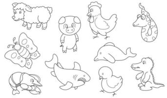 Cute design animal outline vector set 8 , sheep butterfly shrimp shark pig dolphin bird snake crocodile