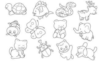 Cute design animal outline vector set 3 , turtle fish snake dear ant butterfly bear elephant cat dog beetle