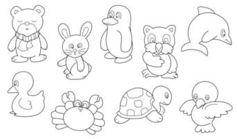 lindo diseño animal contorno vector set 5 , oso pato conejo cangrejo pingüino tortuga pájaro delfín