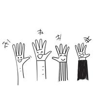 hand drawn doodle raised audience hand with smile face in the palm illustration vector