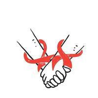 dibujado a mano garabato mano sosteniendo el símbolo de la cinta para el icono de ilustración del día mundial contra el cáncer aislado vector