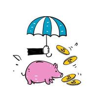 garabato dibujado a mano paraguas alcancía y símbolo de dinero para el icono de protección financiera vector