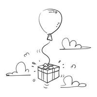 dibujado a mano doodle caja de regalo globo volador ilustración vector aislado