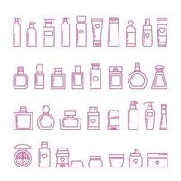 una selección de varios frascos y botellas para cosméticos y perfumes. vector