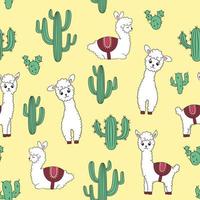 Pattern with cute llamas and cacti. vector