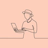 continuous line drawing people with laptop vector