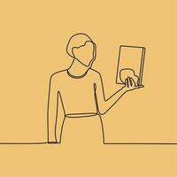 continuous line drawing people with book vector