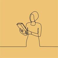 continuous line drawing people with book vector