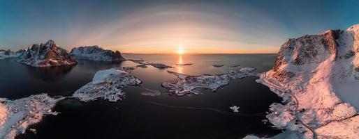 Panorama aerial view of scandinavian archipelago with mountain on coastline at sunrise