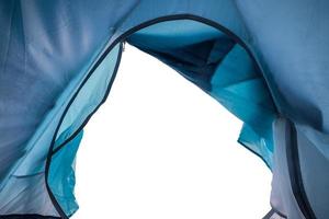 Inside of blue tent camping with opening photo