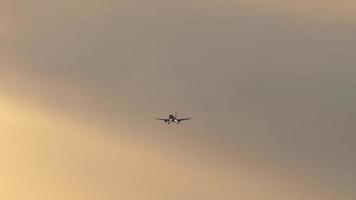 Airplane silhouette in sunset evening sky
